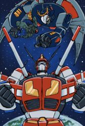  1980s_(style) 2boys autobot blue_eyes cannon clenched_hands commentary_request deathsaurus decepticon fighting_stance from_above from_below highres insignia looking_down looking_up mechanical_wings multiple_boys nihonnsei no_humans open_mouth red_eyes retro_artstyle standing star_(symbol) star_saber_(transformers) starry_background teeth transformers transformers_victory upper_body weapon wings 