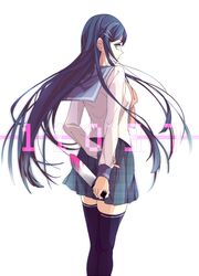  blood blood_on_hands blood_on_weapon blue_eyes blue_hair blue_sailor_collar blue_skirt blue_thighhighs character_name chiyo_(min0yoko) commentary_request danganronpa:_trigger_happy_havoc danganronpa_(series) female floating_hair from_behind hair_ornament hairclip holding holding_knife knife long_hair long_sleeves looking_at_viewer looking_back maizono_sayaka miniskirt neckerchief orange_neckerchief pink_blood pleated_skirt sailor_collar school_uniform serafuku shirt simple_background skirt solo spoilers standing thighhighs very_long_hair weapon white_background white_shirt zettai_ryouiki 