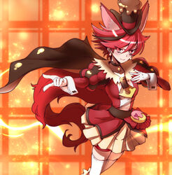  animal_ears brown_cape cape choker commentary_request cure_chocolat dog_ears dog_tail earrings extra_ears female gloves hat highres jewelry kenjou_akira kirakira_precure_a_la_mode looking_at_viewer magical_girl precure red_eyes red_hair short_hair skirt smile solo sumiosmith tail thighhighs white_gloves white_thighhighs 