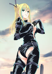  ass bad_id bad_pixiv_id belt between_breasts blonde_hair bodysuit breasts center_opening cloud cloudy_sky female flat_ass from_behind from_below gloves green_eyes hair_bun hair_ornament hair_stick large_breasts long_hair nancy_lee ninja_slayer ponytail_korosuke single_hair_bun sky solo unzipped 