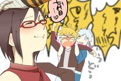  3boys blonde_hair blush commentary_request female glasses hand_on_another&#039;s_head headpat jealous mitsuki_(naruto) mizuto_(o96ap) multiple_boys naruto naruto_(series) red-framed_eyewear short_hair smile translation_request uchiha_sarada uzumaki_boruto uzumaki_naruto 