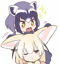  +_+ 2girls :&lt; animal_ears blonde_hair brown_eyes commentary_request common_raccoon_(kemono_friends) ear_fondling fennec_(kemono_friends) grey_hair kemono_friends kuzumochiko multicolored_hair multiple_girls oerba_yun_fang one_eye_closed white_background 