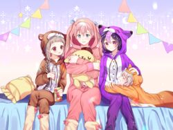  1boy 3girls :d animal_ears animal_hood bad_id bad_pixiv_id bed blue_eyes blue_ribbon blush bow braid brown_hair brown_pajamas closed_eyes crescent crossed_legs feet_out_of_frame frilled_pillow frills girl_sandwich hair_ornament hairclip hand_on_another&#039;s_head hood hugging_object jumpsuit long_hair long_sleeves multicolored_hair multiple_girls on_bed open_mouth orange_pajamas original pajamas paraffin parted_lips pennant pillow pink_bow pink_hair pink_pajamas profile purple_eyes purple_hair purple_pajamas rabbit_ears rabbit_hood rabbit_pajamas red_eyes ribbon sandwiched silver_hair sitting smile sparkle star_(symbol) streaked_hair string_of_flags stuffed_animal stuffed_rabbit stuffed_toy very_long_hair wavy_mouth 