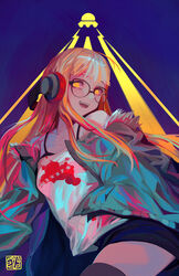  behind-the-head_headphones brown_eyes commentary_request female fur-trimmed_jacket fur_trim glasses godsh0t green_jacket headphones jacket long_hair looking_at_viewer open_clothes open_jacket open_mouth orange_hair persona persona_5 sakura_futaba solo thighhighs 