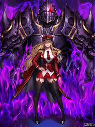  1boy armor aura black_footwear black_legwear blonde_hair blue_eyes breasts commentary_request commission contrapposto dungeon_and_fighter elf epaulettes female fire full_armor full_body garter_straps hand_on_own_hip hat high_heels highres jacket jacket_on_shoulders kidmo korean_commentary large_breasts lips long_coat long_hair military military_uniform necktie necromancer_(dungeon_and_fighter) parted_lips pauldrons peaked_cap pencil_skirt photoshop_(medium) pointy_ears purple_fire red_jacket shoulder_armor size_difference skirt solo_focus stand_(jojo) standing swept_bangs tgurneu thief_(dungeon_and_fighter) thighhighs uniform very_long_hair wrist_cuffs zettai_ryouiki 