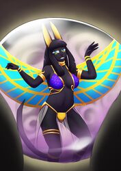  2018 anubian black_body black_fur black_hair blue_eyes clothing costume crystal_ball dancing digital_media_(artwork) domestic_cat egyptian felid feline felis female fur hair hi_res jewelry looking_at_viewer mammal may825 nefermasi smile solo tattoo wings yellow_ears 