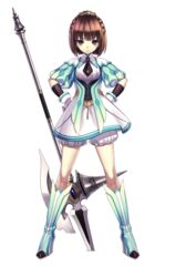  agarest_senki_(series) agarest_senki_2 bloomers blue_footwear boots braid brown_eyes brown_hair crown_braid female full_body gloves hair_ornament hairpin halberd hands_on_own_hips hirano_katsuyuki knee_boots liel_(agarest_senki) necktie official_art polearm puffy_sleeves short_hair skirt smile solo tachi-e transparent_background underwear weapon white_bloomers 