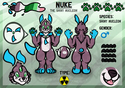  3_eyes absurd_res ambiguous_gender anthro catdragon7 fakemon fakeveelution fan_character green_eyes hazard_symbol hi_res model_sheet multi_eye nuclear nucleon_(fakemon) nuke_the_nucleon pawpads pokemon_uranium radiation_symbol shiny_fakemon smile solo symbol 