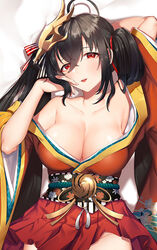  ahoge arm_behind_head azur_lane bare_shoulders black_hair blush breasts cleavage collarbone commentary_request dakimakura_(medium) female hair_between_eyes hair_ribbon hand_up huge_breasts iiiroha japanese_clothes kimono large_breasts long_hair looking_at_viewer mask mask_on_head obi off_shoulder open_mouth photoshop_(medium) pleated_skirt red_eyes red_kimono red_ribbon ribbon sash sidelocks skirt smile solo striped striped_ribbon taihou_(azur_lane) twintails very_long_hair wide_sleeves 