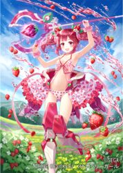  :d blue_sky blush code_of_joker commentary_request copyright_name day female flat_chest flower food food-themed_hair_ornament food_print fruit grass hair_ornament hill holding holding_food holding_fruit holding_weapon liquid long_hair mechanical_legs midriff navel open_mouth outdoors panties red_eyes red_hair scrunchie skirt sky smile solo standing strawberry strawberry_girl strawberry_hair_ornament strawberry_print tadokoro_teppei twintails underwear wand watermark weapon white_panties white_skirt wrist_scrunchie 