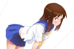  blouse blue_skirt brown_eyes brown_hair closed_mouth commentary_request cowboy_shot female from_side leaning_forward looking_at_viewer medium_hair midriff miniskirt neckerchief okano_kei pleated_skirt school_uniform serafuku shirt short_sleeves skirt solo standing uasi white_background white_shirt yellow_neckerchief yuyushiki yuyushiki&#039;s_school_uniform 