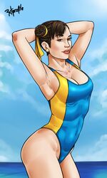  1girls armpits breasts brown_eyes brown_hair capcom chun-li cleavage female female_only hairbuns hips lips muscle_tone pale-skinned_female pale_skin perky_breasts radprofile solo solo_female standing street_fighter swimsuit thighs 