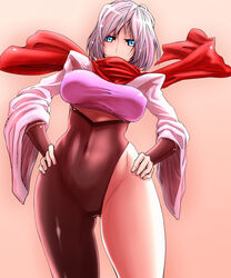  absurdres asymmetrical_clothes asymmetrical_legwear blue_eyes bodysuit breasts cameltoe commentary_request covered_mouth covered_navel cowboy_shot female grey_hair hands_on_own_hips hattori_hanzo_uruka highres large_breasts ninja red_scarf scarf short_hair shoulder_pads solo taut_clothes uneven_legwear urujika wide_sleeves yatagarasu_(game) 