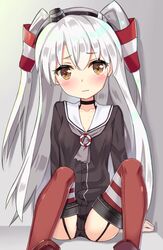  amatsukaze_(kancolle) arm_support bad_id bad_pixiv_id black_choker black_hairband black_panties blush brown_dress brown_eyes choker closed_mouth collarbone commentary_request dress female garter_straps hair_between_eyes hair_tubes hairband hat kantai_collection lifebuoy long_hair long_sleeves looking_at_viewer mini_hat panties red_thighhighs sailor_collar sailor_dress see-through sitting smokestack solo sutei_(xfzdarkt) sweat swim_ring tears thighhighs two_side_up underwear very_long_hair wavy_mouth white_hair white_sailor_collar 