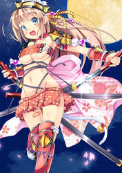  bandaid blue_eyes blush breasts brown_hair cherry_blossoms collar commentary_request female full_moon katana long_hair looking_at_viewer medium_breasts moon navel night open_mouth original photoshop_(medium) sekine_irie sideboob sky smile solo standing sword underboob weapon 