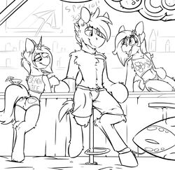  absurd_res alcohol anthro bar beach beverage clothing cutie_mark earth_pony equid equine fan_character female greyscale group hasbro hi_res horn horse male mammal monochrome my_little_pony mythological_creature mythological_equine mythology pony ralek seaside smile underwear unicorn 