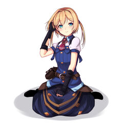  adjusting_hair bad_id bad_pixiv_id belt blonde_hair blue_eyes commentary_request female fingerless_gloves frederica_irving gloves highres looking_at_viewer nekomiyanono pouch seiza sekaiju_no_meikyuu shin_sekaiju_no_meikyuu simple_background sitting solo twintails white_background 