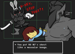  abs anthro armor blush bodily_fluids clothed clothing dragon frisk_(undertale) group human lagomorph leporid male mammal melee_weapon muscular muscular_male mythological_creature mythological_scalie mythology nipples pecs rabbit rg01_(undertale) rg02_(undertale) royal_guards scalie sweat sword text topless undertale undertale_(series) unknown_artist weapon 