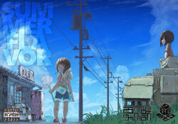  2girls aged_down arm_support back_cover blue_shorts blurry blurry_background blurry_foreground brown_pants butterfly_net circle_name closed_mouth cloud cloudy_sky commentary_request cover cover_page day depth_of_field doujin_cover english_text from_side girls_und_panzer goripan grass hand_net hat highres holding insect_cage looking_at_another looking_at_viewer looking_back military military_vehicle motor_vehicle multiple_girls nishizumi_maho nishizumi_miho orange_shirt outdoors pants panzer_ii pink_footwear pink_shirt shack shirt shoes short_hair short_sleeves shorts siblings sisters sitting sky straw_hat summer sun_hat tank tank_top utility_pole 