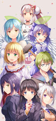  1st_generation_(nijisanji) 2boys 6+girls :d ;d absurdres angel_wings argyle_clothes argyle_skirt black_hair black_hoodie black_jacket blazer blonde_hair blue_choker blue_dress blue_eyes blue_hair blush bow bowtie braid breasts buttons choker closed_mouth clothes_writing collarbone commentary_request crossed_arms detached_collar dress elbow_gloves elu_(1st_costume)_(nijisanji) elu_(nijisanji) fairy_wings feathered_wings flower french_braid glasses gloves green_eyes green_hair grin hair_flower hair_ornament hairbow hairclip highres higuchi_kaede higuchi_kaede_(1st_costume) hood hoodie i_heart... jacket large_breasts long_hair looking_at_viewer looking_back moira_(1st_costume)_(nijisanji) moira_(nijisanji) mole mole_under_eye mole_under_mouth multiple_boys multiple_girls necktie nijisanji one_eye_closed open_mouth orange_eyes otoko_no_ko pink_bow pink_bowtie pointy_ears ponytail purple_eyes purple_hair purple_necktie red_eyes red_skirt school_uniform shibuya_hajime shibuya_hajime_(1st_costume) shirt shizuka_rin shizuka_rin_(1st_costume) short_hair skirt smile suzuya_aki suzuya_aki_(1st_costume) tsukino_mito tsukino_mito_(1st_costume) virtual_youtuber white_bow white_dress white_gloves white_hair white_shirt wings yellow_eyes yuuki_chihiro yuuki_chihiro_(1st_costume) yuuri_nayuta 