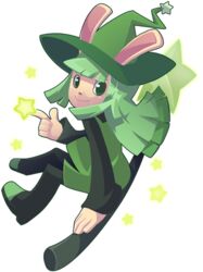  blunt_bangs broom broom_riding commentary cucumber_quest dress english_commentary female full_body green_dress green_eyes green_hair hat long_sleeves looking_at_viewer mary_cagle peridot_(cucumber_quest) pinafore_dress rabbit sidesaddle sleeveless sleeveless_dress smile star_(symbol) transparent_background witch_hat 