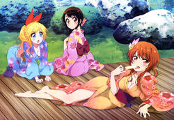  3girls absurdres animedia barefoot blonde_hair blue_eyes blush bow breasts brown_eyes brown_hair cleavage food hairbow highres imageboard_desourced japanese_clothes kirisaki_chitoge legs long_legs looking_back lying medium_breasts multiple_girls nisekoi non-web_source official_art on_side onodera_kosaki open_mouth orange_hair popsicle scan sitting tachibana_marika yano_akane 