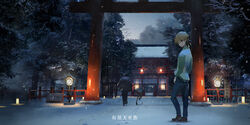  3boys arms_at_sides arms_up bad_id bad_pixiv_id black_hair black_jacket black_pants blue_jacket brown_eyes brown_hair building closed_mouth commentary_request denim footprints forest formal from_behind full_body jacket jeans kikumon lantern loafers lolicon long_sleeves looking_back morning multiple_boys nature outdoors pants photoshop_(medium) plant railing rounin_(amuza) running shimogamo_yaichirou shimogamo_yasaburou shimogamo_yashirou shoes shorts shrine smile snowing solo_focus standing suit sunlight sunrise sweater torii translation_request tree uchouten_kazoku winter 