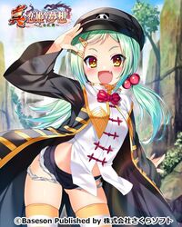  arm_up black_coat brown_eyes bucchake_(asami) chinkyuu coat commentary_request copyright_name cutoffs day denim denim_shorts female green_hair hair_bobbles hair_ornament hairclip hat koihime_musou leaning_forward long_hair midriff oerba_yun_fang official_art open_mouth outdoors salute shirt short_shorts shorts smile solo striped_clothes striped_thighhighs thighhighs twintails white_shirt 