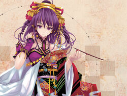  beatmania_iidx drill_hair female hair_ornament holding holding_smoking_pipe japanese_clothes kanzashi kimono kiseru long_hair misaki_kurehito nail_polish purple_eyes purple_hair red_nails smoking_pipe solo umegiri_hifumi 