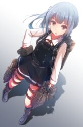  brown_eyes commentary_request cuon_(kuon) dress female grey_hair hand_on_own_hip kantai_collection kasumi_(kancolle) kasumi_kai_ni_(kancolle) long_hair machinery pinafore_dress school_uniform side_ponytail sleeveless sleeveless_dress solo 