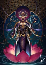  absurdres breasts cleavage cleavage_cutout clothing_cutout commentary covered_eyes dress elbow_gloves emblem english_commentary facing_viewer female fingerless_gloves flower full_body gloves hannah_santos headgear highres large_breasts lips long_dress lotus_(warframe) lotus_pedestal nail_polish on_flower purple_nails ribbon solo standing warframe 