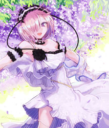  bare_shoulders bracelet commentary_request cosplay dress euryale_(fate) euryale_(fate)_(cosplay) fate/grand_order fate_(series) female hair_over_one_eye hairband inaeda_kei jewelry lolita_hairband looking_at_viewer mash_kyrielight purple_eyes purple_hair short_hair solo twintails white_dress 