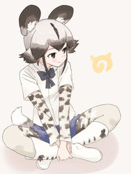  african_wild_dog_(kemono_friends) african_wild_dog_print animal_ears animal_print black_bow black_bowtie black_eyes black_hair boots bow bowtie closed_mouth commentary_request dog_ears dog_tail dress_shirt female grey_background grey_hair highres indian_style japari_symbol kemono_friends layered_sleeves long_sleeves multicolored_clothes multicolored_hair multicolored_legwear pantyhose pantyhose_under_shorts print_pantyhose shadow shirt short_over_long_sleeves short_sleeves shorts sitting smile solo tail two-tone_hair uasi v_arms white_footwear white_pantyhose white_shirt wing_collar 