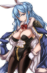  animal_ears blue_hair bokuso breasts commentary_request cowboy_shot female gloves granblue_fantasy hand_on_own_hip jacket jacket_on_shoulders large_breasts long_hair looking_at_viewer pantyhose playboy_bunny pout purple_eyes rabbit_ears solo sweat therese_(granblue_fantasy) thighs 