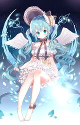  ankle_bow ankle_ribbon anklet aqua_eyes aqua_hair aqua_nails b_rock bad_id bad_pixiv_id barefoot blush bonnet bow chin_strap dress feathered_wings female floating frilled_dress frills hair_ornament hatsune_miku highres invisible_chair jewelry leg_ribbon long_hair looking_at_viewer nail_polish petals ribbon sidelocks sitting smile solo toenail_polish toenails twintails very_long_hair vocaloid white_dress white_wings wings wrist_bow x_hair_ornament 