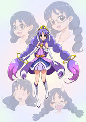  5girls alternate_universe blue_hair boots braid brown_eyes commentary_request dress earrings glasses gloves go!_princess_precure gradient_hair hair_ornament jewelry long_hair magical_girl multicolored_hair multiple_girls multiple_persona nanase_yui pink_hair precure purple_eyes purple_hair rohitsuka twin_braids twintails unofficial_precure_costume very_long_hair 