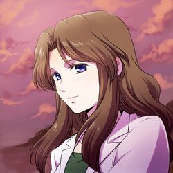  blue_eyes brown_hair cloud commentary_request female lab_coat lips long_hair sidelocks sky smile solo soukyuu_no_fafner takenoko_(flamingo_garden) toomi_chizuru 