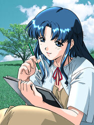  blue_eyes blue_hair day female fujiwara_aya holding holding_pencil long_hair mixed_media notebook official_art open_mouth outdoors pencil photo_background photoshop_(medium) short_sleeves sitting solo super_real_mahjong tree 