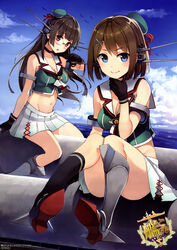  absurdres banned_artist black_gloves blue_eyes blue_sky breasts brown_hair choukai_(kantai_collection) cleavage day glasses gloves hat highres kantai_collection long_hair maya_(kantai_collection) medium_breasts multiple_girls official_art paseri red_eyes remodel_(kantai_collection) shirt short_hair sitting sky sleeveless sleeveless_shirt 