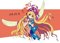  american_flag_dress american_flag_legwear bad_id bad_twitter_id blonde_hair clownpiece fairy fairy_wings female hat jester_cap long_hair neck_ruff pantyhose red_eyes shishi_osamu simple_background smile solo touhou very_long_hair wings 