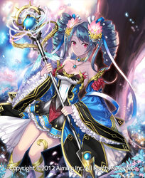  bare_shoulders blue_hair blue_ribbon braid breasts character_request cleavage closed_mouth collarbone commentary_request copyright_notice dated detached_sleeves dress female flower frilled_sleeves frills hair_flower hair_ornament hair_ribbon holding holding_staff kgr long_sleeves lord_of_knights medium_breasts multicolored_clothes multicolored_dress official_art photoshop_(medium) pink_flower purple_eyes ribbon short_dress smile solo staff strapless strapless_dress tree twin_braids twintails wide_sleeves 