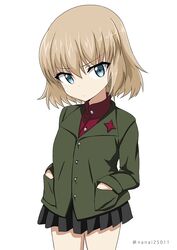  black_skirt blonde_hair blue_eyes closed_mouth commentary cowboy_shot emblem female frown girls_und_panzer green_jacket hands_in_pockets jacket katyusha_(girls_und_panzer) long_sleeves looking_at_viewer miniskirt one-hour_drawing_challenge pleated_skirt pravda_school_uniform red_shirt school_uniform shibagami shirt short_hair simple_background skirt solo standing turtleneck twitter_username v-shaped_eyebrows white_background 