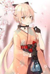  bad_id bad_twitter_id black_bow black_gloves blush bow bow_choker braid canape_(canape0130) cherry_blossoms choker collarbone commentary female festival floral_print flower girls&#039;_frontline gloves hair_ribbon hairbow hakama hakama_skirt half_gloves high-waist_skirt holding holding_flower holster japanese_clothes korean_commentary long_hair looking_at_viewer meiji_schoolgirl_uniform obi official_alternate_costume orange_eyes ots-14_(flurry_of_petals)_(girls&#039;_frontline) ots-14_(girls&#039;_frontline) parted_lips petals pink_hair ribbon sash skirt smile solo thigh_holster thigh_strap thighs torn_clothes torn_hakama torn_skirt very_long_hair 