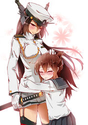  2girls admiral_(kancolle) admiral_(kancolle)_(cosplay) aiguillette bad_id bad_pixiv_id black_hair black_skirt brown_hair closed_eyes cosplay cowboy_shot croya_aso folded_ponytail garter_straps gloves hand_on_another&#039;s_head hat headgear highres hug inazuma_(kancolle) kantai_collection katana long_hair long_sleeves military military_uniform multiple_girls nagato_(kancolle) naval_uniform peaked_cap photoshop_(medium) pleated_skirt red_eyes sailor_collar school_uniform serafuku sheath sheathed skirt sword tears thighhighs uniform weapon white_gloves white_skirt 