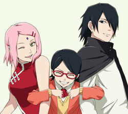  1boy 2girls bad_id bad_pixiv_id black_hair commentary_request family father_and_daughter glasses husband_and_wife koitsu_(blue) mother_and_daughter multiple_girls naruto naruto_(series) pink_hair red-framed_eyewear sakura_haruno short_hair smile sweater uchiha_sarada uchiha_sasuke 