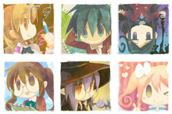  6+girls bat_(animal) black_hair bottle brown_hair creator_connection crossover ga_geijutsuka_art_design_class glasses hair_ribbon hat hitsugi_katsugi_no_kuro ink_bottle kiyuzuki_satoko kuro_(hitsugi_katsugi_no_kuro) long_hair multiple_girls neck_ribbon necktie noda_miki nozaki_namiko oomichi_miyabi pencil ponytail ribbon round_eyewear school_uniform sen_(hitsugi_katsugi_no_kuro) short_hair sketchbook smile tomokane twintails yamaguchi_kisaragi 