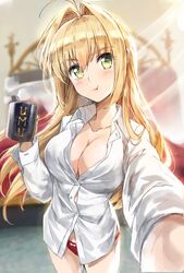  :t ahoge arm_up bedroom blonde_hair blurry breasts cleavage commentary cowboy_shot cup depth_of_field dress_shirt fate/extra fate/grand_order fate_(series) female foreshortening glint green_eyes hair_down hair_intakes indoors large_breasts long_hair long_sleeves looking_at_viewer mug mug_writing nero_claudius_(fate) nero_claudius_(fate/extra) no_pants panties reaching reaching_towards_viewer red_panties selfie shirt solo steam tonee umu_(phrase) underwear 