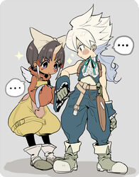  ... 2boys :o bad_id bad_pixiv_id bare_shoulders belt blush bodysuit boots cosplay eiko_carol eiko_carol_(cosplay) final_fantasy final_fantasy_ix full_body gloves grey_background hakuryuu_(inazuma_eleven) horns inazuma_eleven_(series) inazuma_eleven_go long_hair male_focus multicolored_hair multiple_boys parted_lips pink_bodysuit ponytail rococolove shuu_(inazuma_eleven) simple_background single_horn sparkle speech_bubble spoken_ellipsis standing triangle_mouth two-tone_hair zidane_tribal zidane_tribal_(cosplay) 