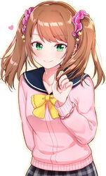  1boy akariko blush brown_hair cardigan commentary_request crossdressing green_eyes hair_ornament hair_scrunchie idolmaster idolmaster_side-m long_hair looking_at_viewer male_focus mizushima_saki otoko_no_ko pink_cardigan plaid plaid_skirt playing_with_own_hair school_uniform scrunchie serafuku skirt smile solo star_(symbol) star_hair_ornament twintails 