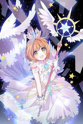  :d antenna_hair brown_hair cardcaptor_sakura clear_card commentary crown feathered_wings female gloves green_eyes highres holding holding_staff kakami_(pixiv7616827) kinomoto_sakura multiple_wings open_mouth shirt short_hair_with_long_locks sidelocks skirt sleeveless sleeveless_shirt smile solo staff standing star_(symbol) white_gloves white_shirt white_skirt white_wings wings yume_no_tsue 